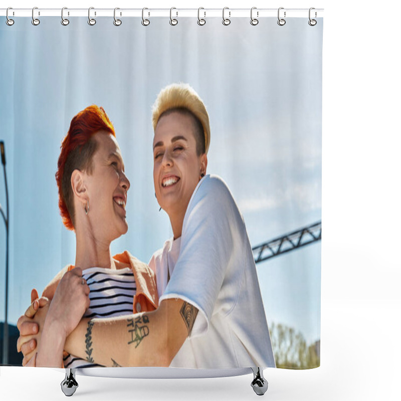 Personality  A Young Lesbian Couple Embracing Each Other, Showcasing Love And Pride. Shower Curtains