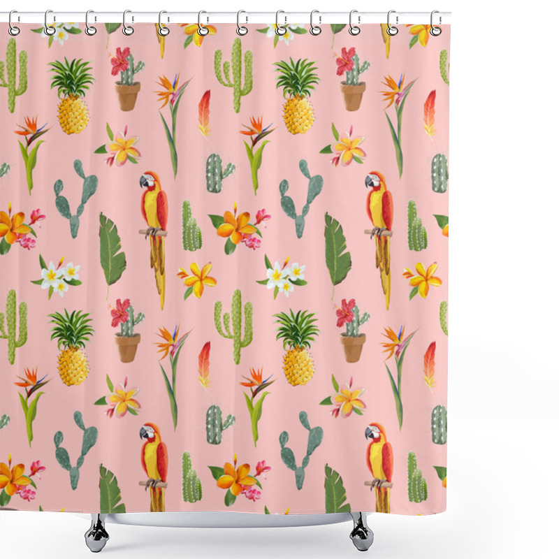 Personality  Tropical Background. Parrot Bird. Cactus Background. Tropical Flowers. Seamless Pattern. Vector Shower Curtains