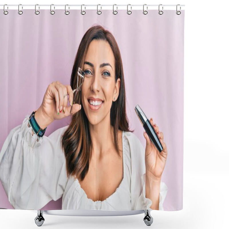 Personality  Young Brunette Woman Holding Eyelash Curler Smiling With A Happy And Cool Smile On Face. Showing Teeth.  Shower Curtains