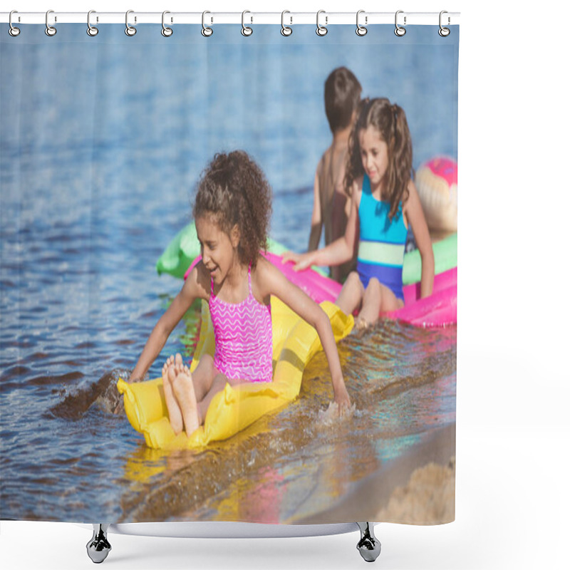 Personality  Multicultural Girls Swimming On Inflatable Mattresses Shower Curtains