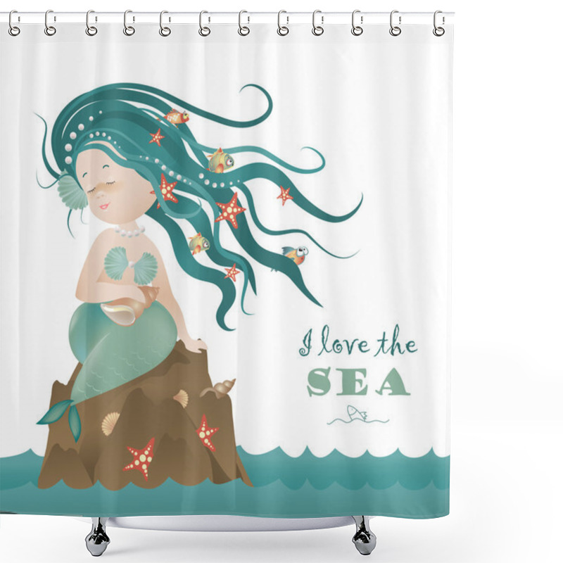 Personality  Beautiful Mermaid Girl Sitting On The Rock Shower Curtains