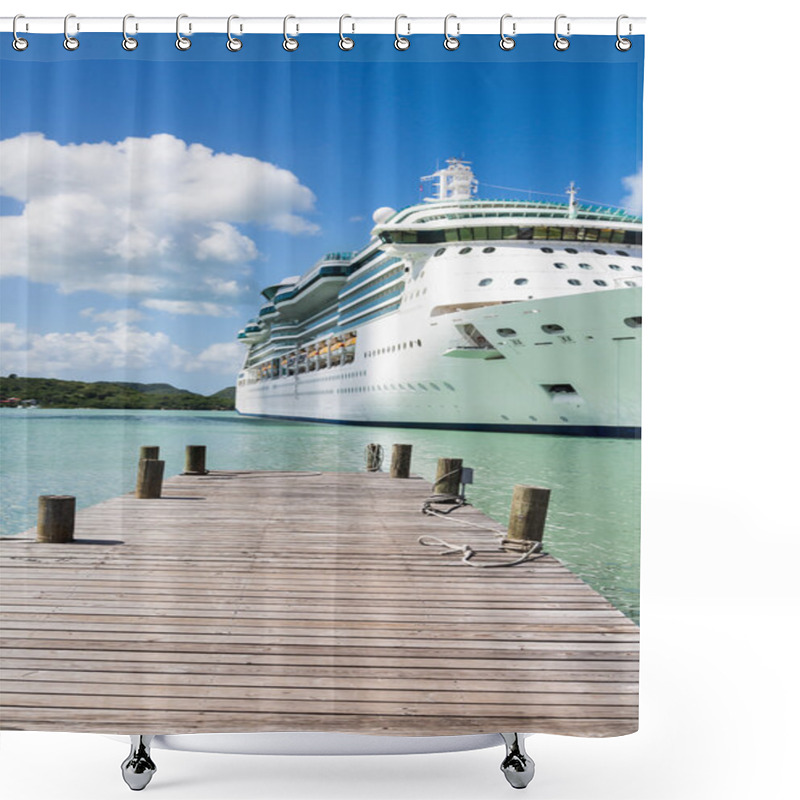 Personality  Old Wood Pier With Cruise Ship In Background Shower Curtains