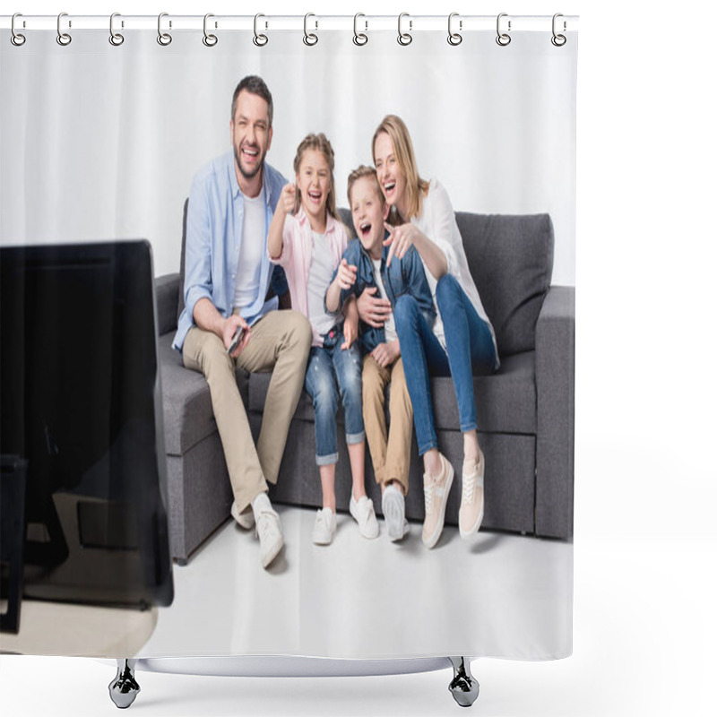 Personality  Family Sitting On Sofa And Watching Tv Shower Curtains