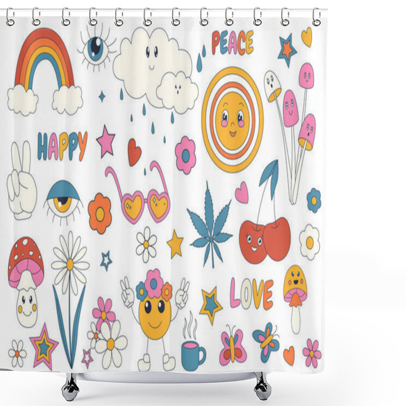 Personality  Groovy Hippie 70s Mega Set Graphic Elements In Flat Design. Bundle Of Peace, Love, Happy, Rainbow, Psychedelic Mushrooms, Flowers, Leaves, Butterflies And Other. Vector Illustration Isolated Objects Shower Curtains