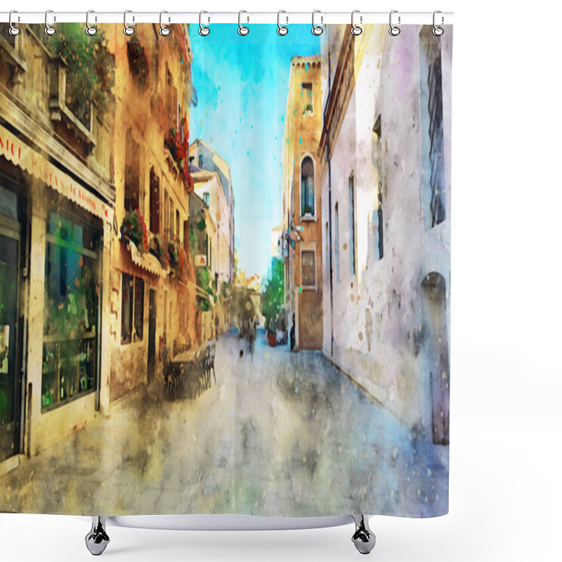 Personality  Watercolor Drawing Old European City. Beautiful View Of Streets, Buildings, Shops, Cafes, Passers-by Shower Curtains