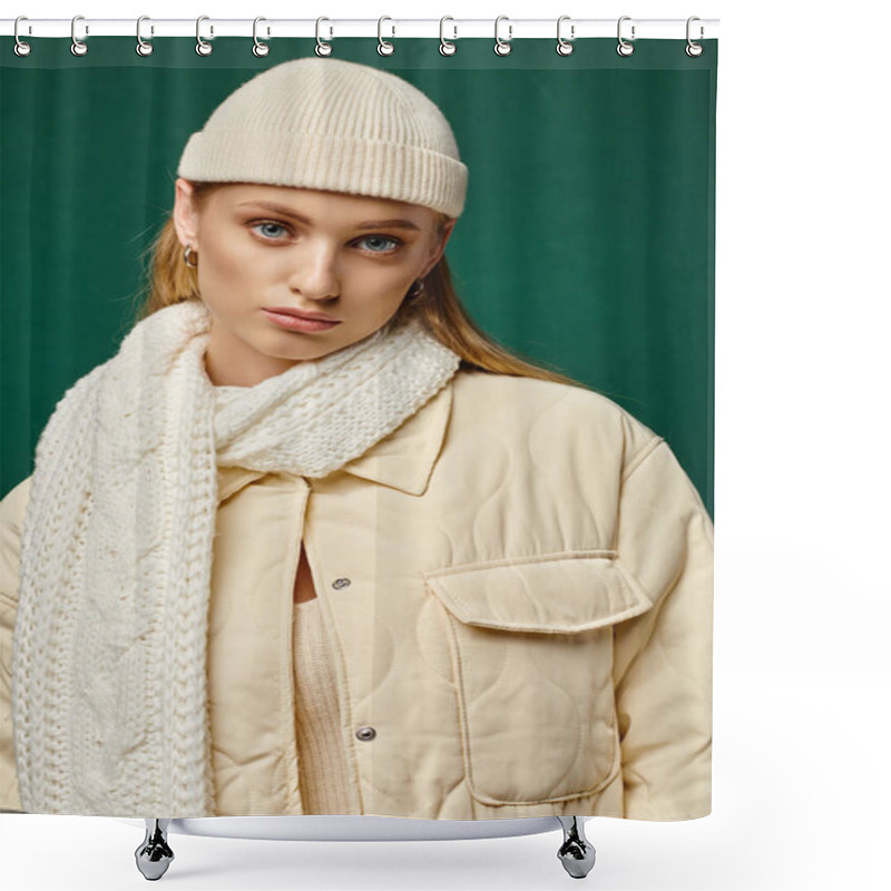 Personality  Young Woman In Ivory Jacket And Knitted Scarf With Beanie Hat On Green Backdrop, Winter Street Style Shower Curtains