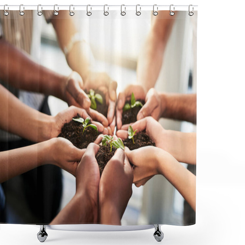 Personality  The Future Is In Our Hands. Cropped Shot Of A Group Of Unrecognizable People Holding Plants Growing Out Of Soil. Shower Curtains