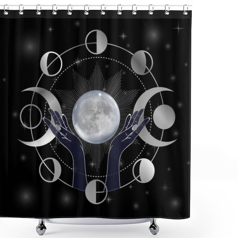 Personality  Hands Of Goddess Lifting The Full Moon Shower Curtains