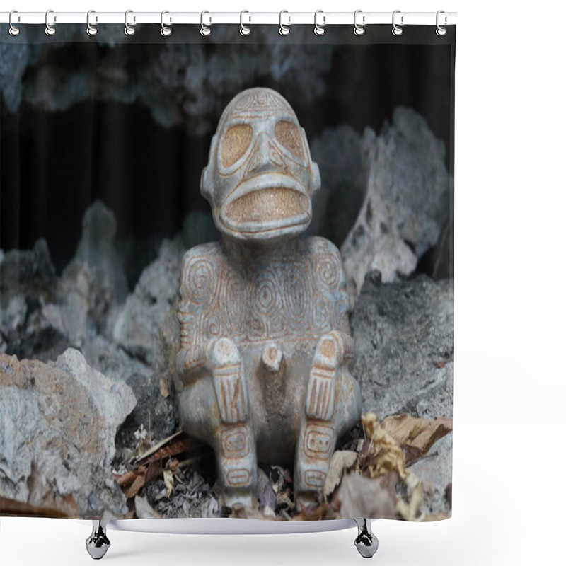 Personality  Taino Antique Stone Cemi Idol Figure Sitting In A Cave With Leaves Nearby, Close Up. Taino Indian Mythology. Shower Curtains