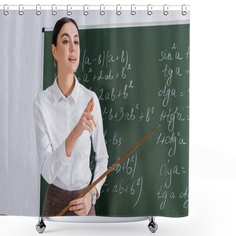 Personality  Young Teacher With Pointer Pointing Away Near Chalkboard  Shower Curtains