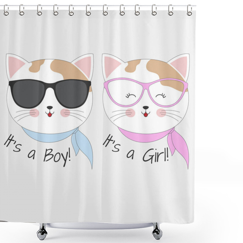 Personality  Lovely Cats Boy And Girl In Glasses Isolated On White Background. This Is A Vector Illustration Hand Drawn Available For For T-shirt Prints And Other Uses. Greeting Card. Shower Curtains