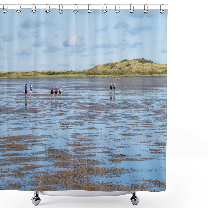 Personality  AMELAND, NETHERLANDS - AUG 27, 2017: Group Of People Mud Flat Hiking On Wadden Sea At Low Tide From Friesland To West Frisian Island Ameland, Netherlands Shower Curtains