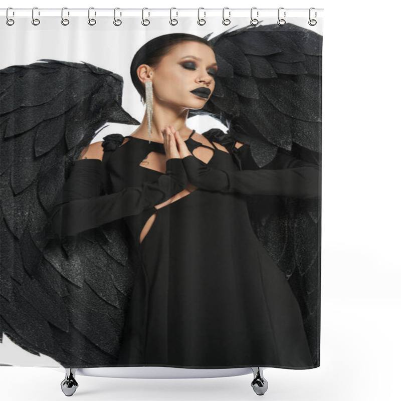 Personality  Woman In Costume Of Fallen Angel With Black Wings Praying With Closed Eyes On White, Banner Shower Curtains