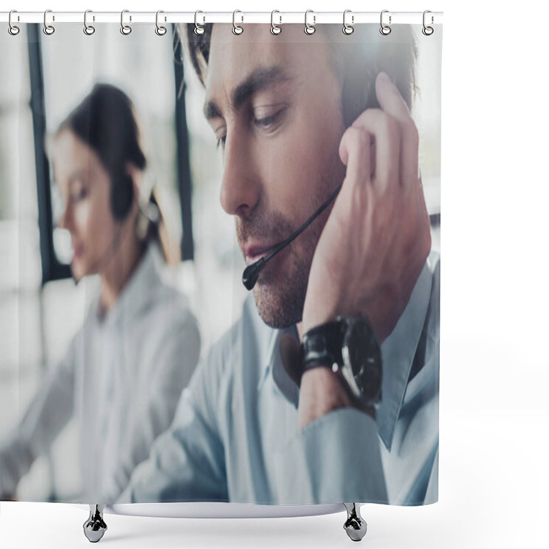 Personality  Handsome Call Center Manager In Headphones With Mike Sitting At Workplace While His Colleague Sitting On Background Shower Curtains