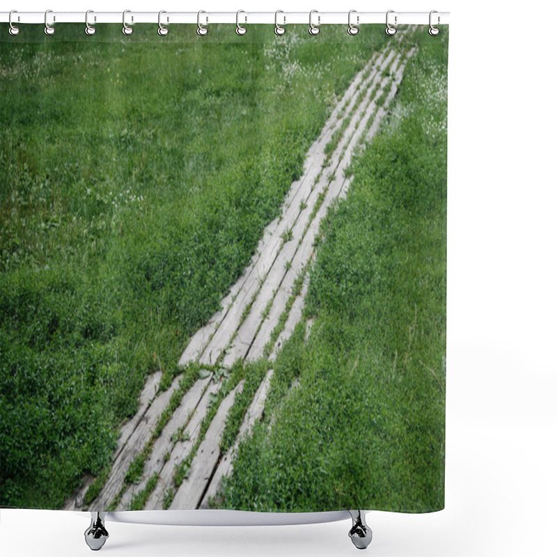 Personality  Footpath Made Of Wooden Planks Surrounded With Green Grass Shower Curtains