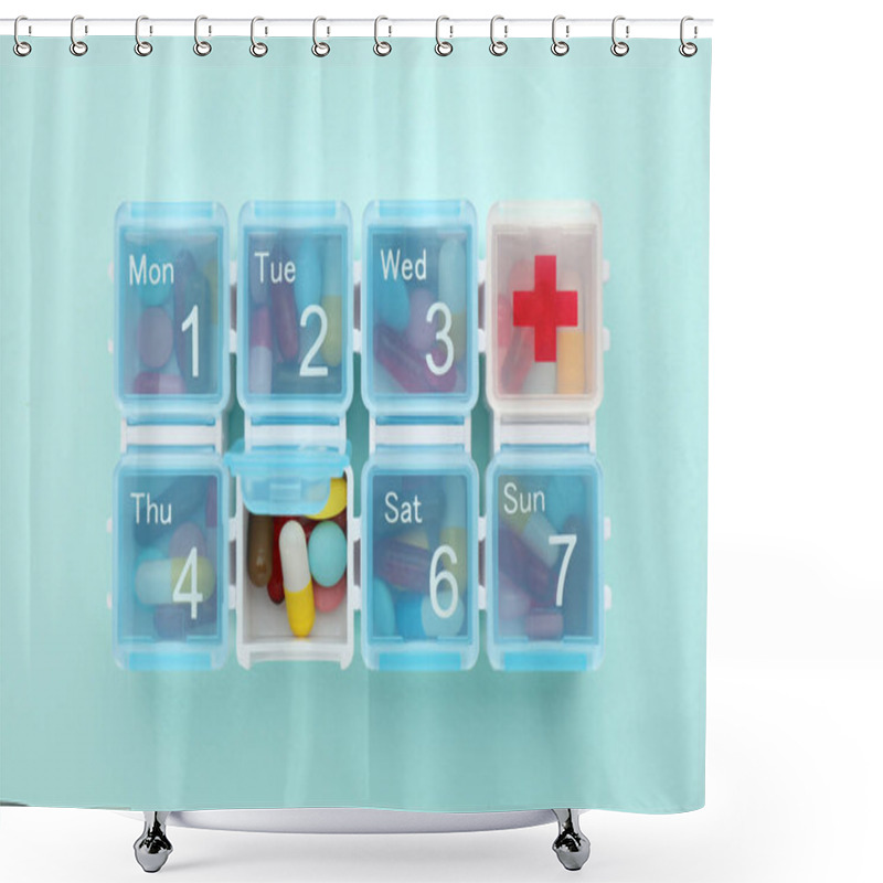 Personality  Pill Box With Medicaments On Turquoise Background, Top View Shower Curtains