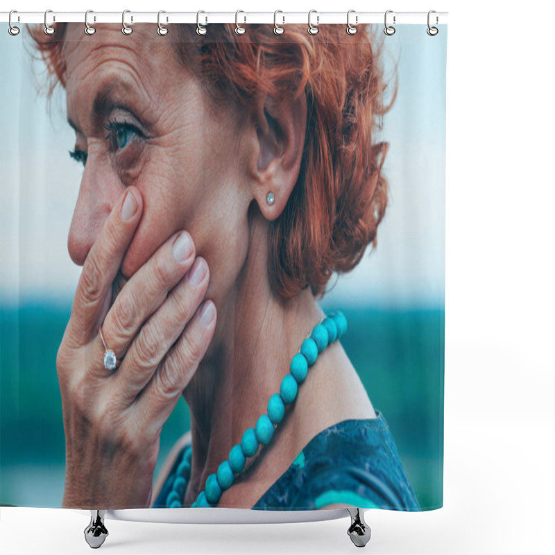 Personality  Depressed Mature Woman Feeling Alone Outside Shower Curtains