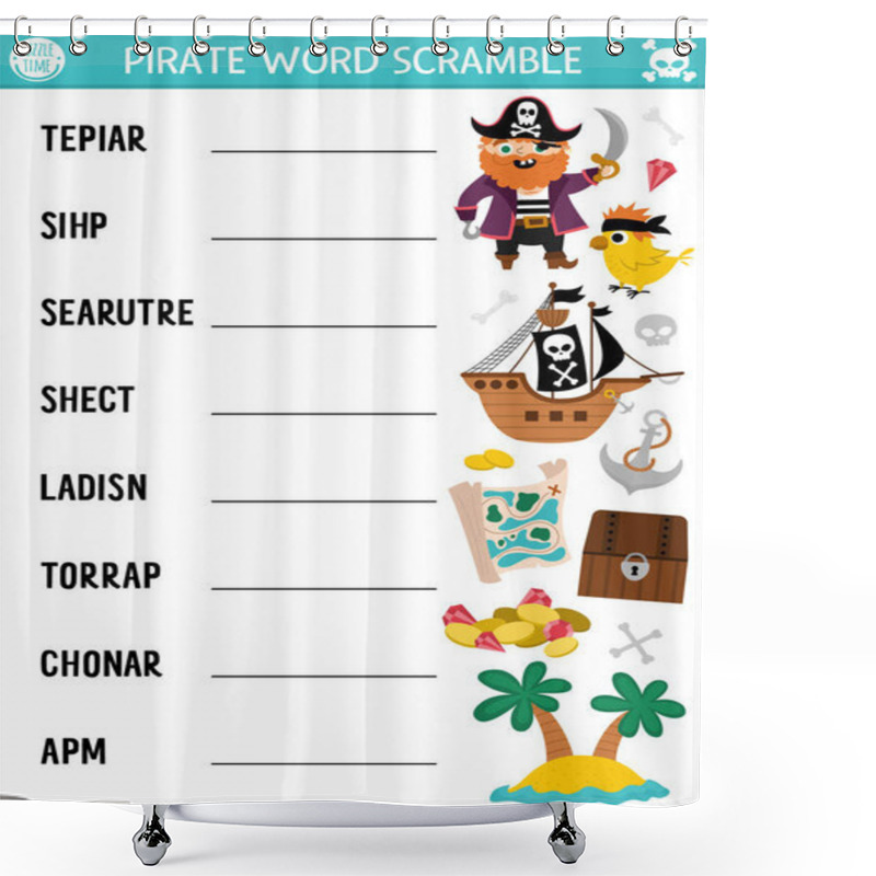 Personality  Vector Pirate Word Scramble Activity Page. English Language Game With Ship, Treasure Island, Chest For Kids. Sea Adventures Family Quiz With Map, Parrot. Educational Printable Worksheet Shower Curtains