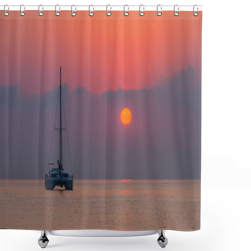 Personality  Sailing Catamaran On A Background Of A Beautiful Sunset In The Sea Shower Curtains