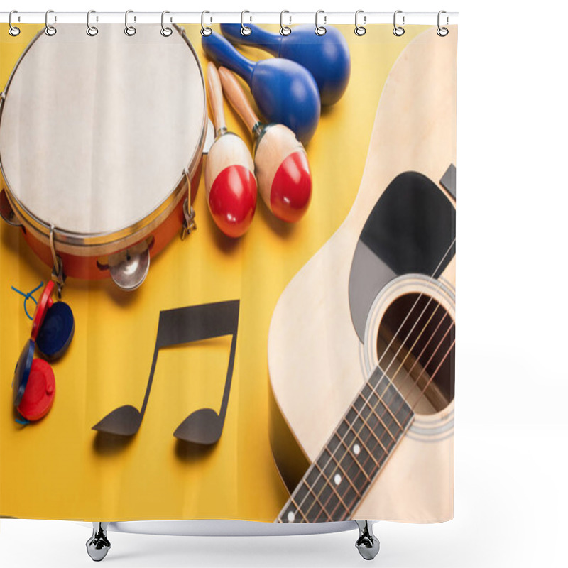 Personality  Musical Instruments And Paper Cut Music Note On Yellow Background Shower Curtains