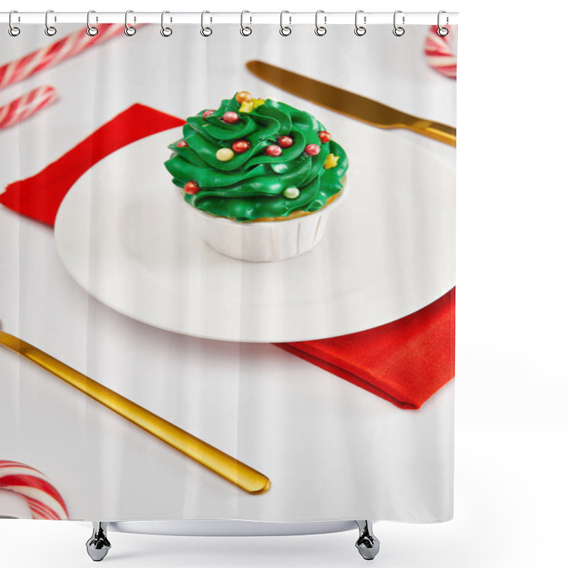 Personality  Delicious Cupcake On White Plate With Golden Cutlery, Candies And Red Napkin On White Surface Shower Curtains