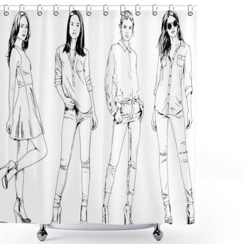 Personality  Beautiful Slim Girl In Casual Clothes, Drawn In Ink By Hand On A White Background Shower Curtains