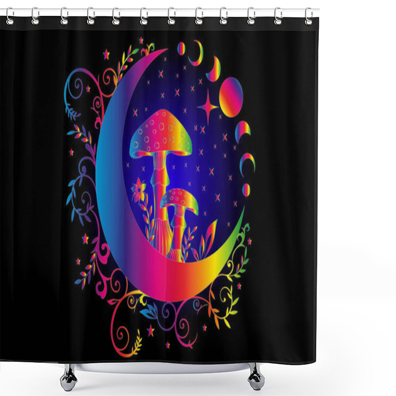 Personality  Celestial Mystical Boho Mushrooms, Magic Amanita Muscaria With Moon And Stars, Witchcraft Symbol, Witchy Esoteric Psychedelic Concept. Party Rave, Trance Music, Moon Phase, Floral Elements On Black Shower Curtains