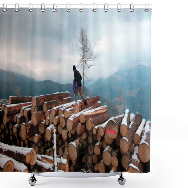 Personality  Round Timber Woods And Snow, Wood Storage In The Winter Shower Curtains