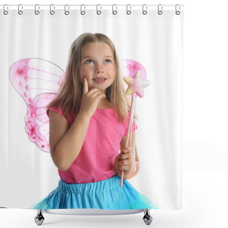 Personality  Cute Little Girl In Fairy Costume With Pink Wings And Magic Wand On White Background Shower Curtains