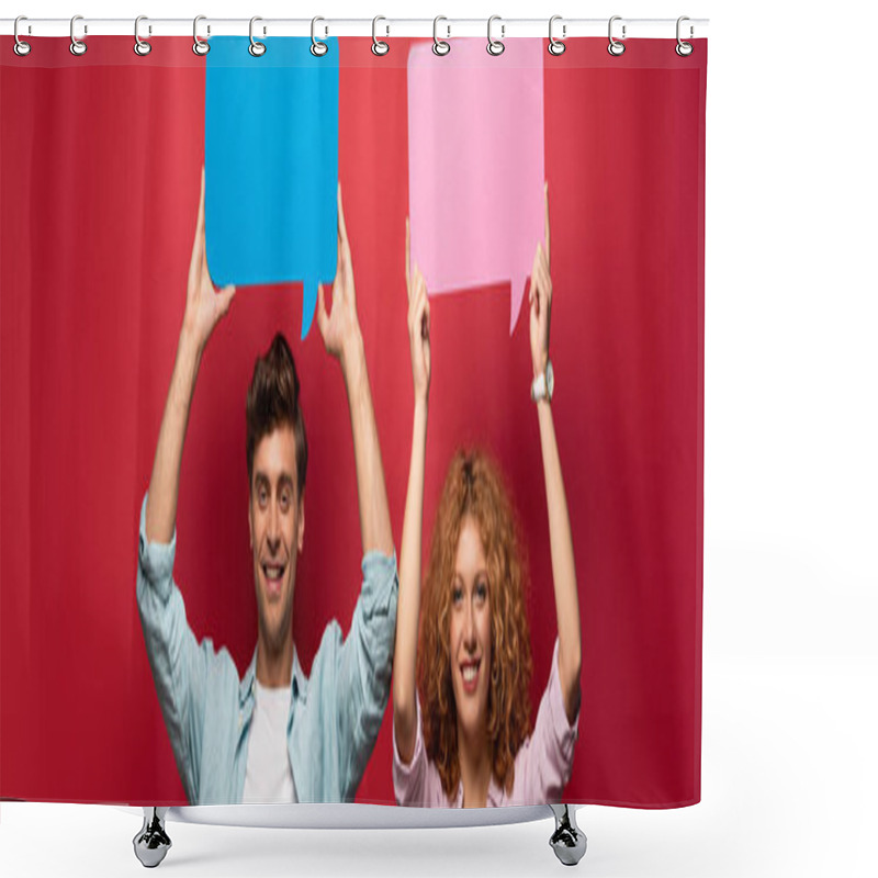 Personality  Cheerful Couple Holding Pink And Blue Speech Bubbles, On Red Shower Curtains