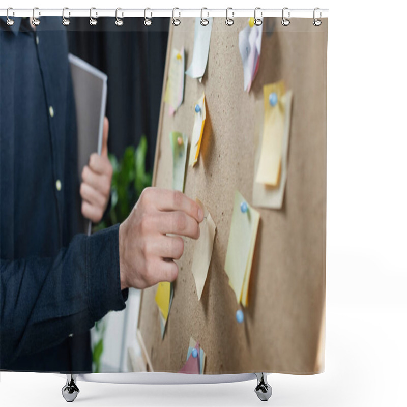 Personality  Cropped View Of Programmer Pinning Sticky Notes On Board  Shower Curtains