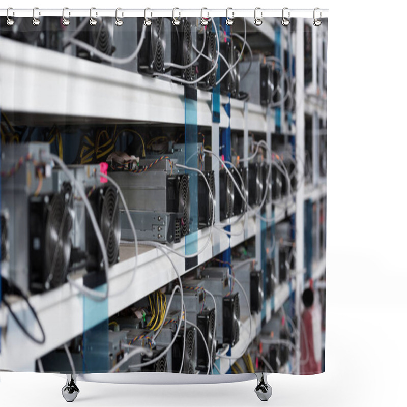 Personality  Close-up Shot Of Power Supply Units At Ethereum Mining Farm Shower Curtains