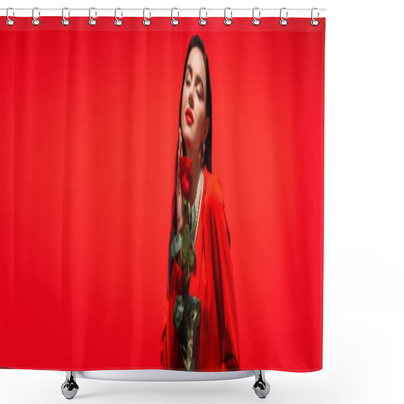 Personality  Trendy Brunette Model In Jacket Holding Rose And Closing Eyes Isolated On Red, Banner  Shower Curtains