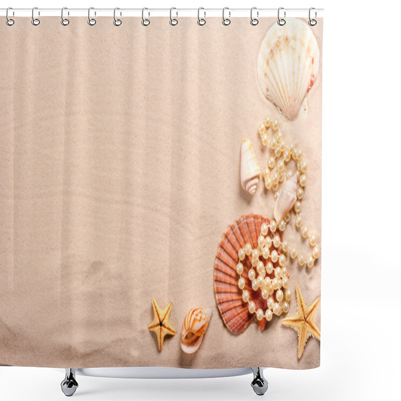 Personality  Pearl Beads And Seashells In The Sand Shower Curtains