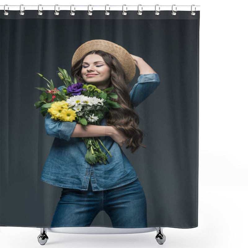 Personality  Attractive Smiling Girl With Closed Eyes In Denim Clothes And Straw Hat Holding Bouquet Of Flowers, Isolated On Grey Shower Curtains