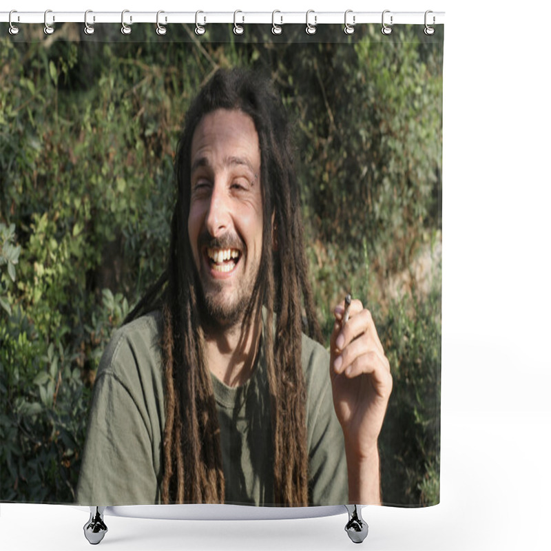 Personality  Hippy Preparing, Rolling And Smoking Marijuana Joint : Photos Series Shower Curtains