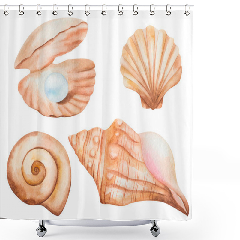 Personality  Watercolor Illustration Of Hand Painted Open Sea Shell In Brown Beige With Blue Jewelry Pearl, Scallop, Spiral. Isolated Ocean Animal. Sea Life. Marine Clip Art Beach Elements For Summer Postcards Shower Curtains