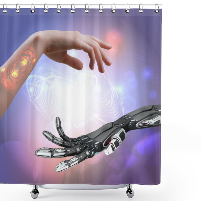 Personality  Woman And Robot Hand On Abstract Techno Background Shower Curtains