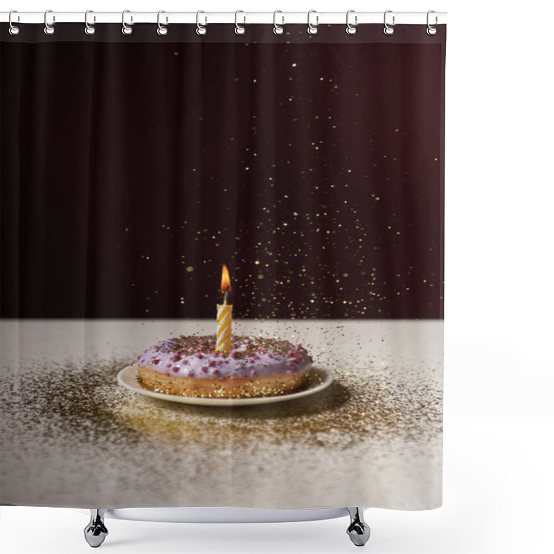 Personality  Burning Candle In Middle Of Sweet Doughnut With Falling Sparkles Isolated On Black Shower Curtains