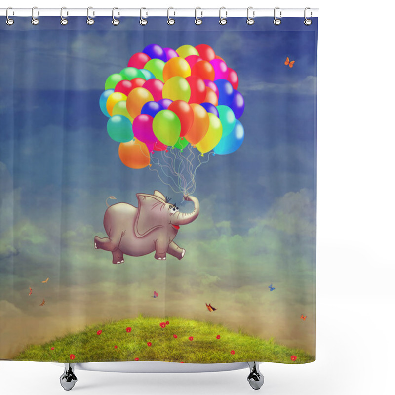 Personality  Cute  Illustration Of A Flying Elephant With Balloons In The Sky Shower Curtains