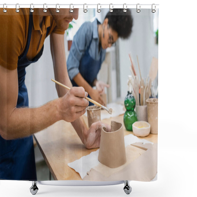 Personality  Cropped View Of Bearded Man Holding Shaper While Modeling Clay During Pottery Class  Shower Curtains