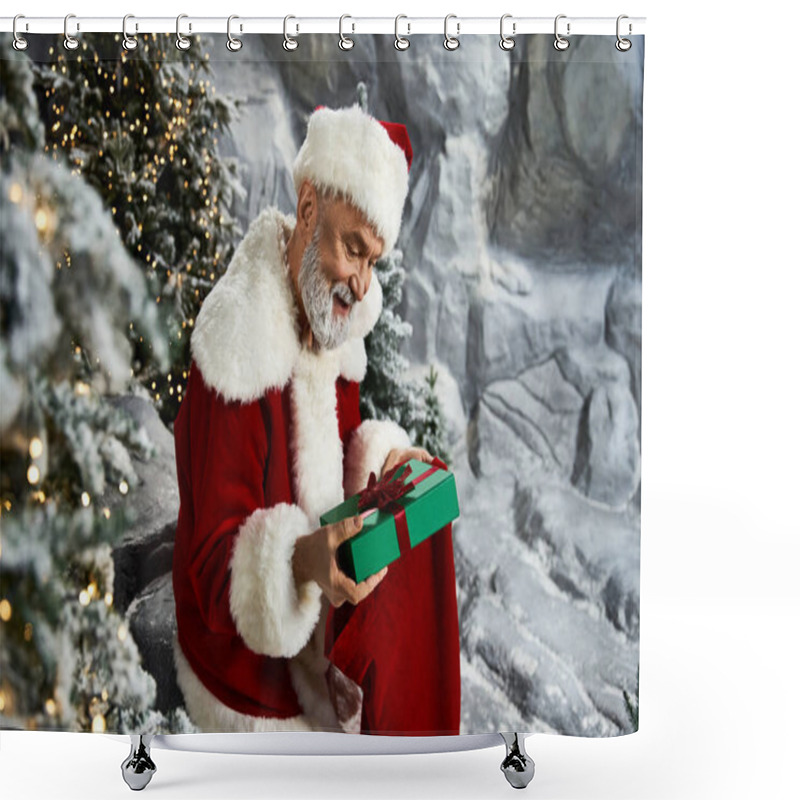 Personality  Santa Smiles As He Opens A Gift, Celebrating The Holiday Spirit In A Winter Wonderland. Shower Curtains