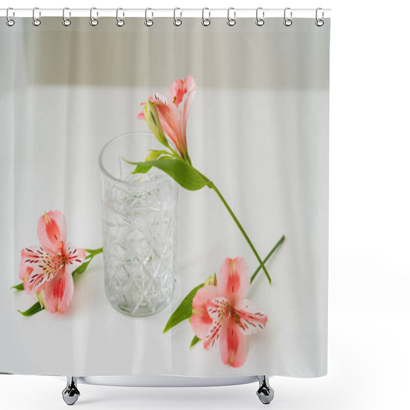 Personality  Alstroemeria Flowers Near Faceted Glass With Clean Water On White Surface And Grey Background Shower Curtains