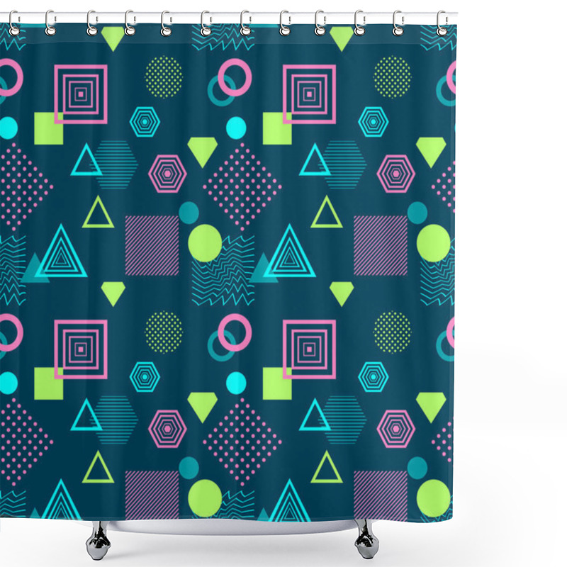 Personality  Abstract Seamless Pattern In Postmodern Memphis Style On Dark Blue Shower Curtains