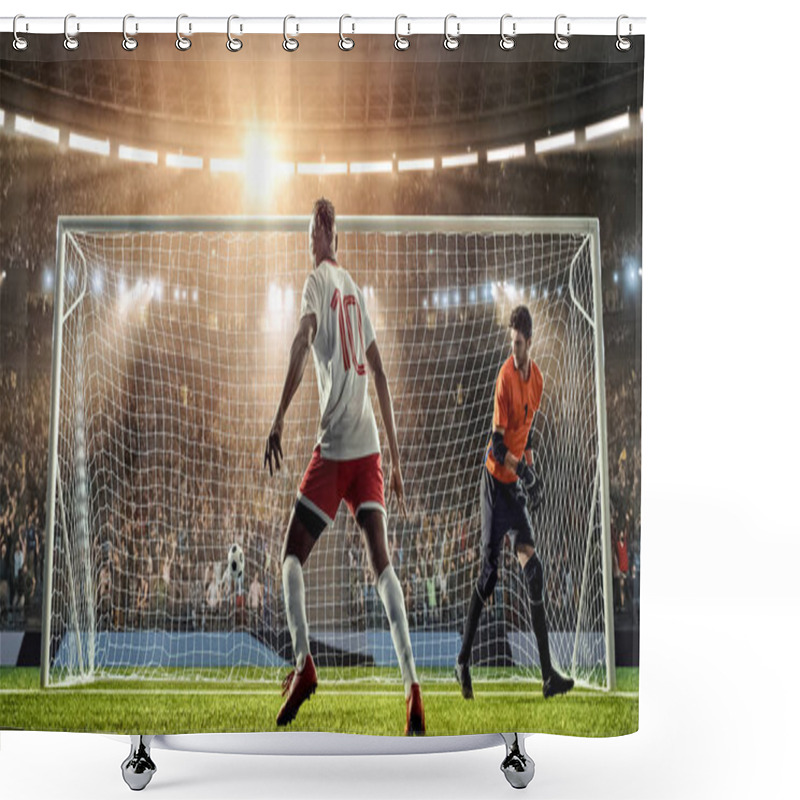 Personality  Soccer Player Is Celebrating Scored Goal, Running Happily On A Professional Soccer Stadium. Stadium And Crowd Are Made In 3D. Shower Curtains