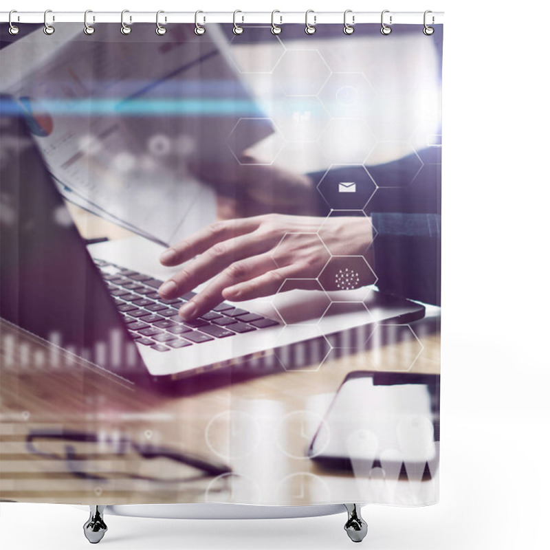 Personality  Man Working With Laptop At Office Shower Curtains