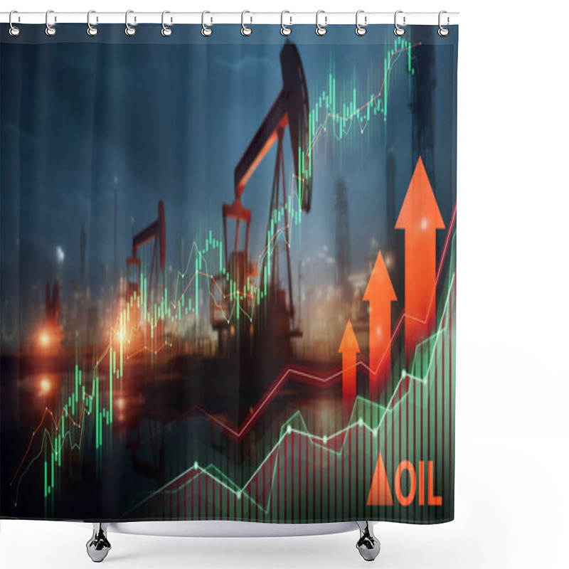 Personality  Oil Drilling Rigs At Dusk With Glowing Financial Graphs, Symbolizing Market Performance Shower Curtains