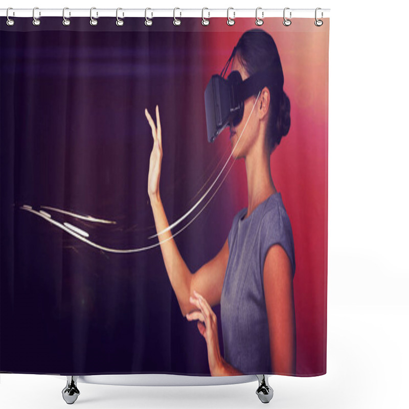 Personality  Side View Of Young Woman Gesturing While Using Virtual Video Glasses Against White Background Shower Curtains