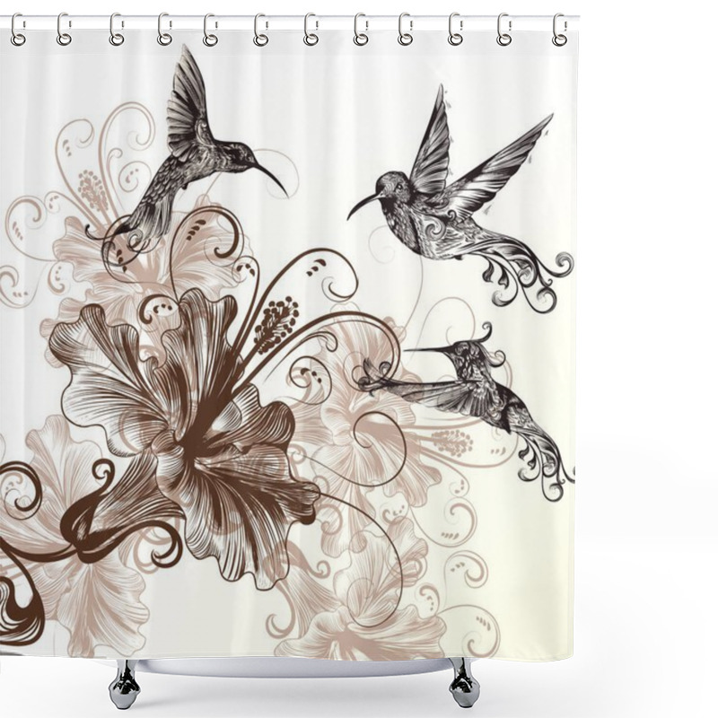 Personality  Floral Background With Hummingbirds And Hibiscus Flowers Shower Curtains