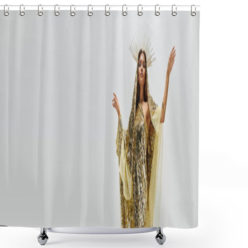 Personality  A Stunning Goddess In A Shiny Golden Dress Showcases Beauty And Elegance In A Minimalist Studio Environment. Shower Curtains